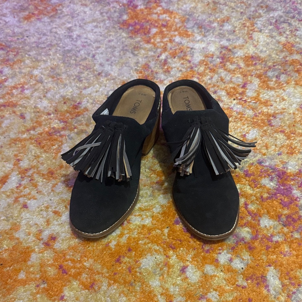 Toms Black Suede Tassel Mules